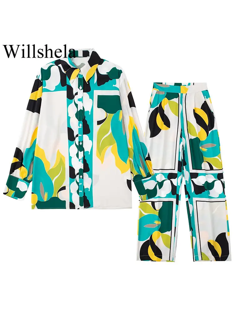 

Willshela Women Fashion Two Piece Set Printed Single Breasted Shirt Vintage Elastic Waist Trousers Feamle Chic Outfit Pants Sets
