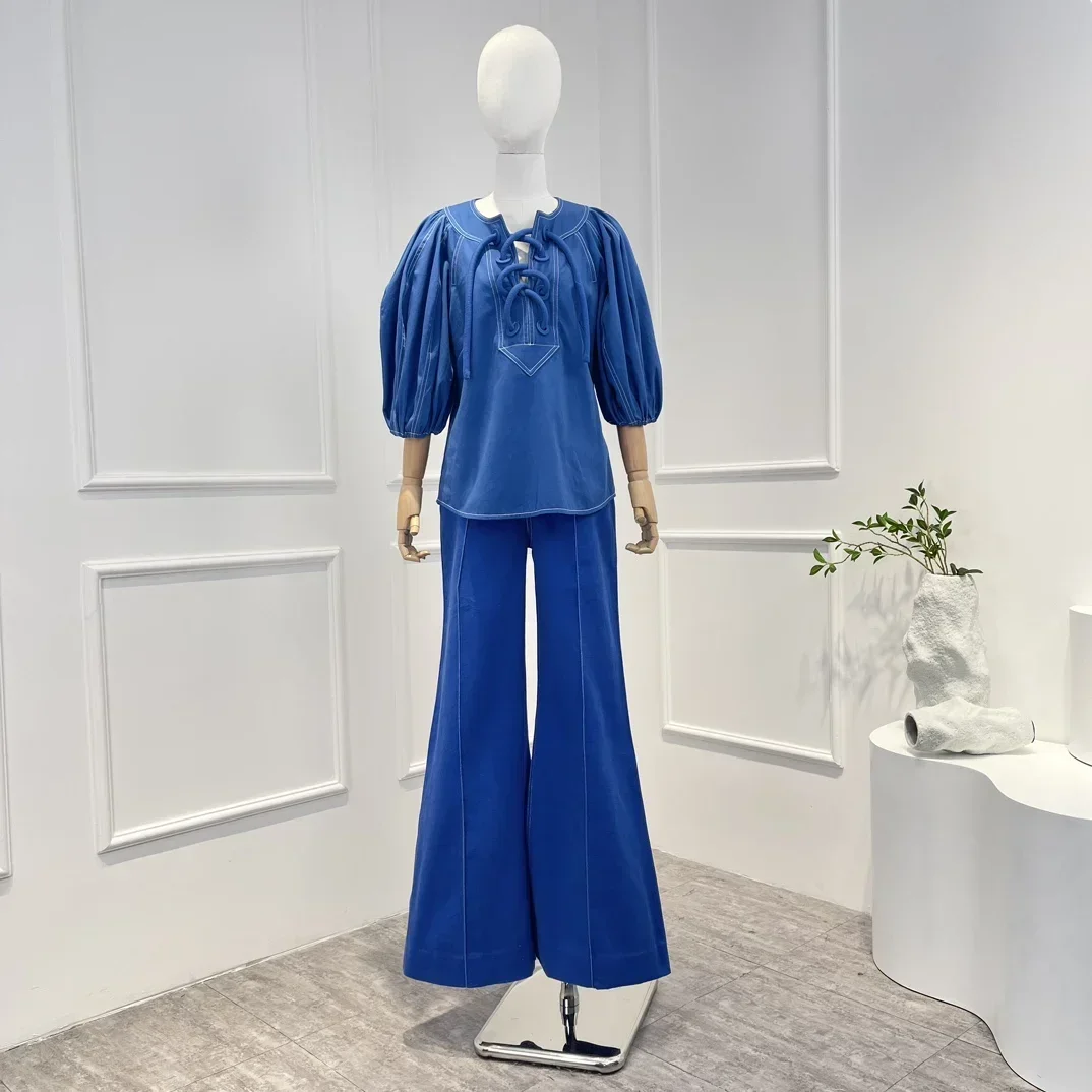 

Женский комплект из блузки и брюк, синий комплект из блузки и длинных расклешенных брюк, из чистого хлопка, весна 2023