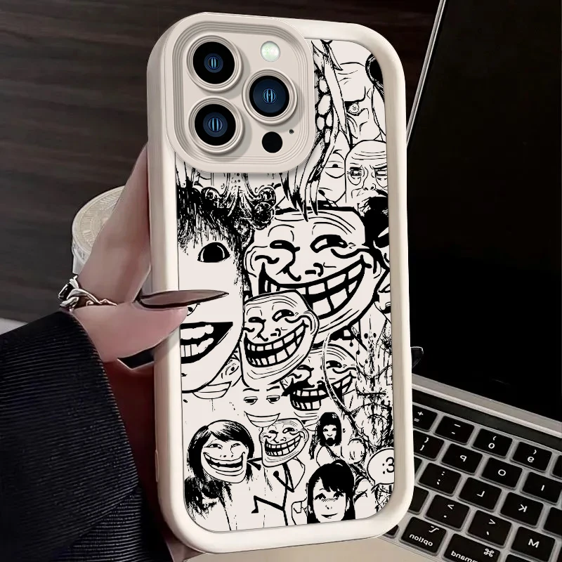 Фото Забавный чехол с принтом мема и мультяшным лицом Тролльфейса для iPhone 17 Air 16 E 15 14 Plus 13 12 Mini 11 Pro Max, из жидкого силикона. №3