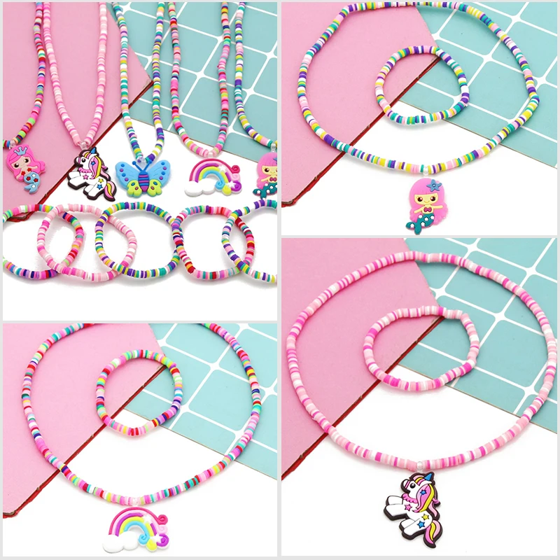 

Trend Cartoon Pendant Mixed Colorful Polymer Clay Beads Necklaces Charms For Bracelets Children Party Birthday Jewelry Set Gifts