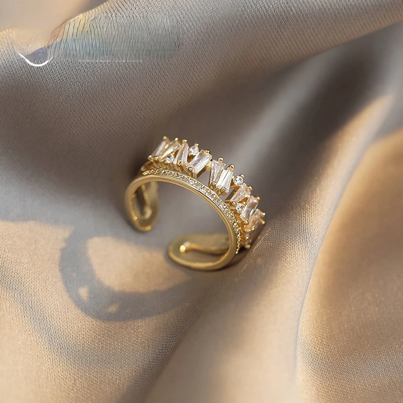 

Luxury Zircon Gold Double Student Opening Rings For Woman 2021 New Fashion Gothic Finger Jewelry Wedding Party Girl's Sexy Ring