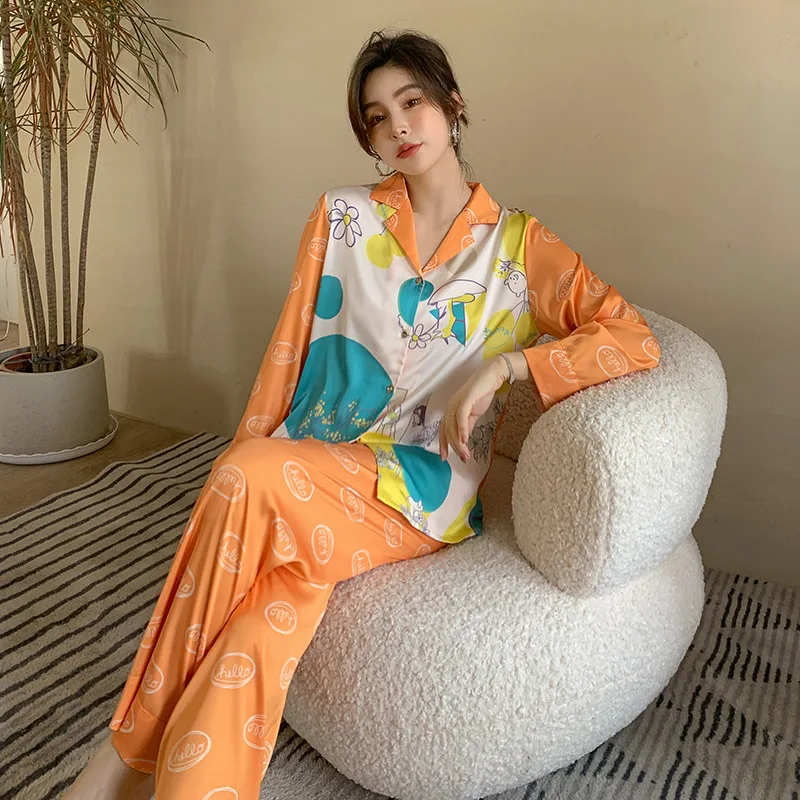 New pajamas women's imitation silk cute graffiti print fashion two-piece set pajamas for women