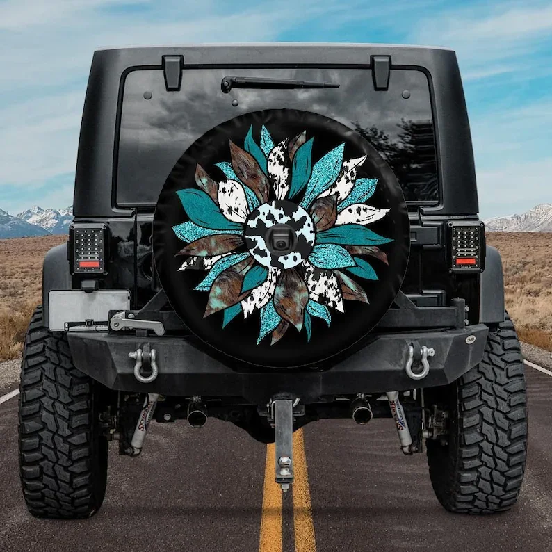 

Spare Tire Cover with Turquoise Sunflower, Turquoise Cow Print Sunflower Wheel Cover, Sunflower Tire Cover, girl Turquoise