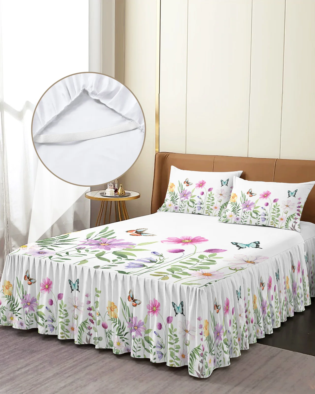 

Весеннее постельное белье с изображением цветов растений листьев бабочек, эластичное покрывало с наволочками, наматрасник, Комплект постельного белья, простыня
