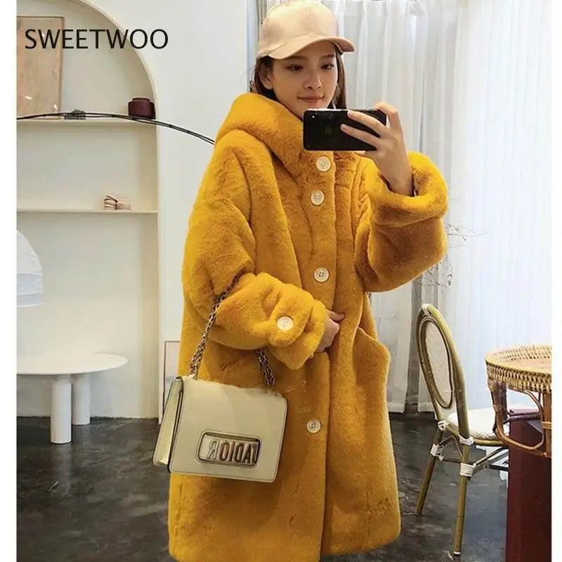 2021 New Winter Women Faux Rabbit Fur Coat Loose Long Fur Coat Large Size Hooded Overcoat Thick Warm Female Plush Coats Tide