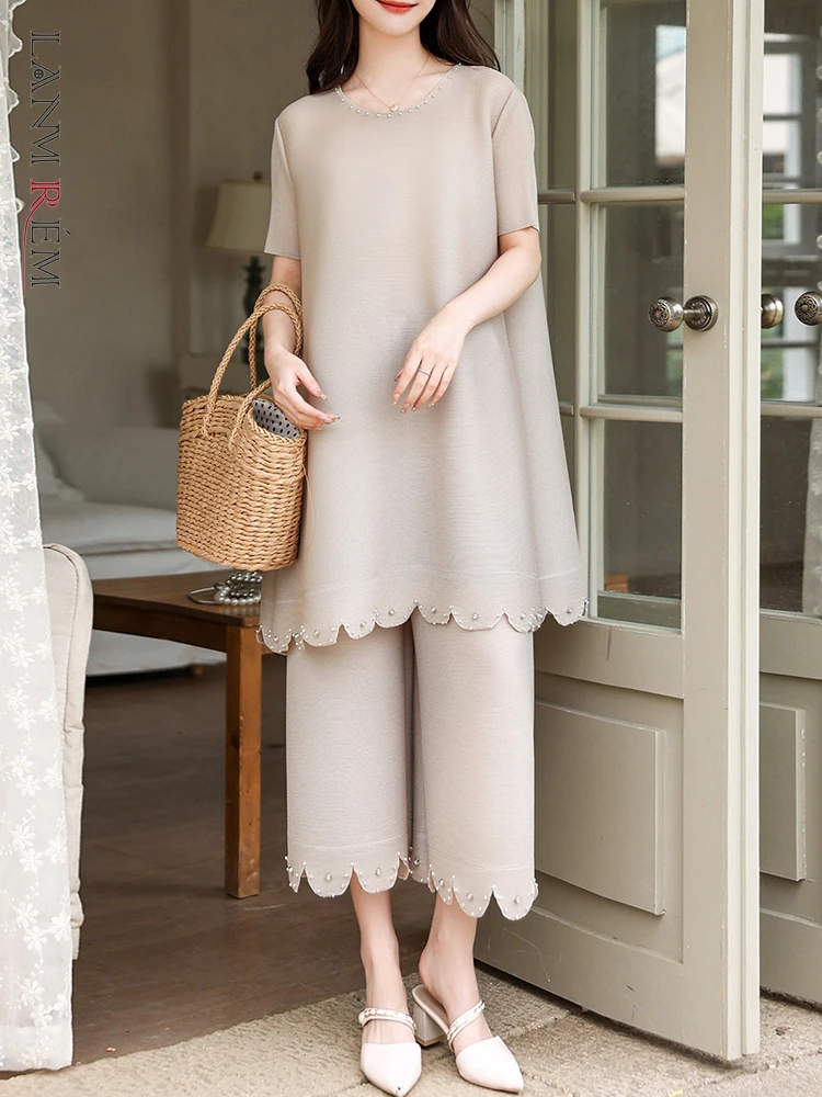 

LANMREM Pleated Beading 2 Pieces Set For Women Round Neck Short Sleeves High Waist Straight Wide Leg Trousers 2023 New 2YA3329