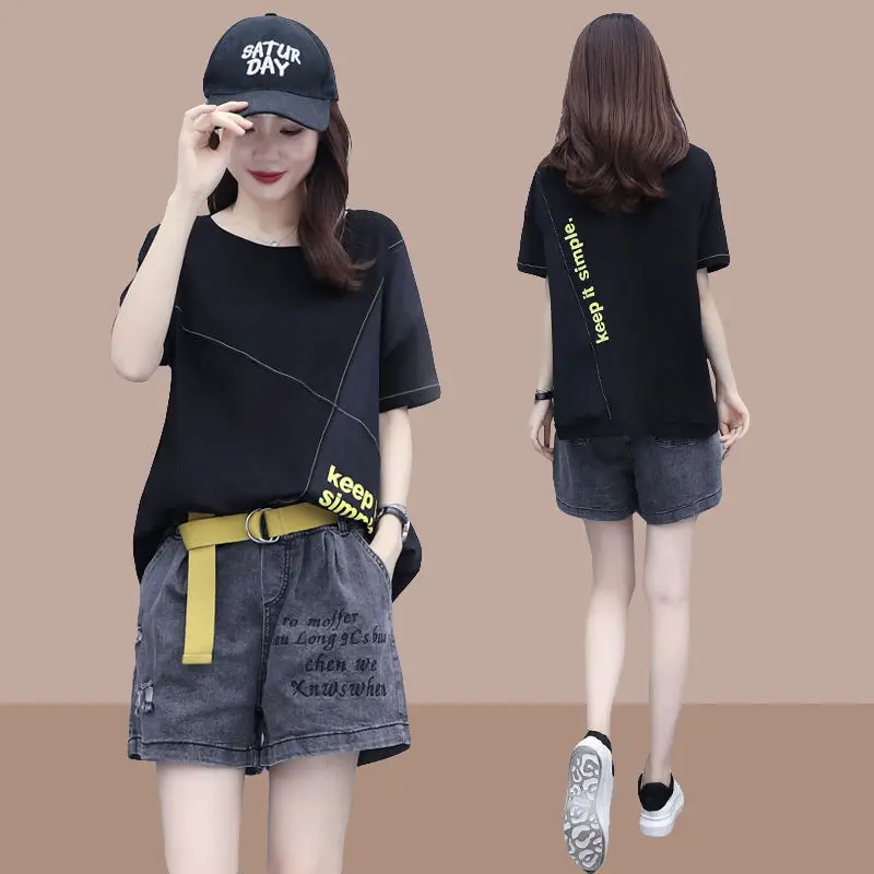 

2022 Summer New Elegant Women's Casual Set T-Shirt and Denim Shorts Two Piece Sets Womens Outifits Short Pants Sets E70