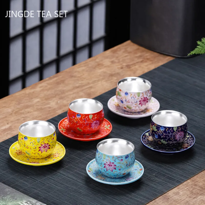 Эмалированная Позолоченная серебряная чашка с подносом чайная для дома