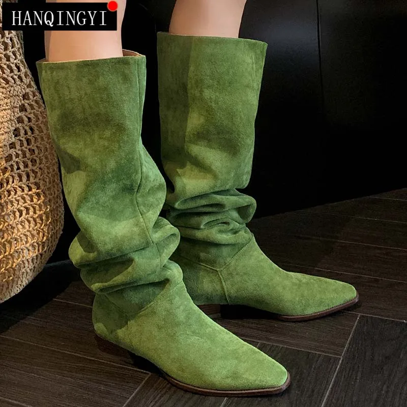 

Женские сапоги из натуральной кожи, до колена, с острым носком