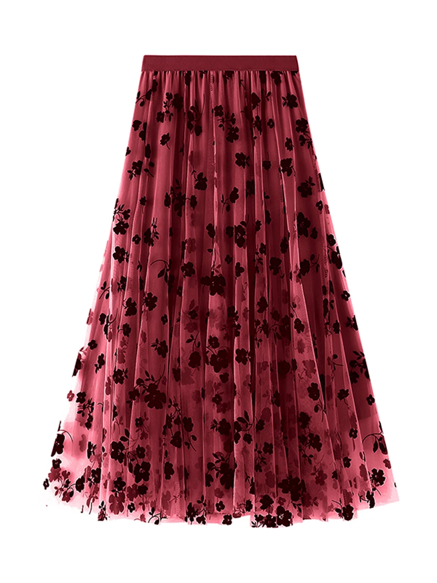 Women’s Tulle Long Skirt Vintage High Waist Flocked Floral Print Midi A-line