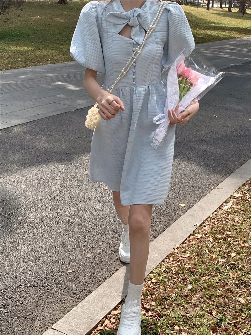022 Spring New French Bow Puff Sleeve Dress Women Fashion Comfortable Casual Dress Boutique Clothing Simple Style FashionClothes