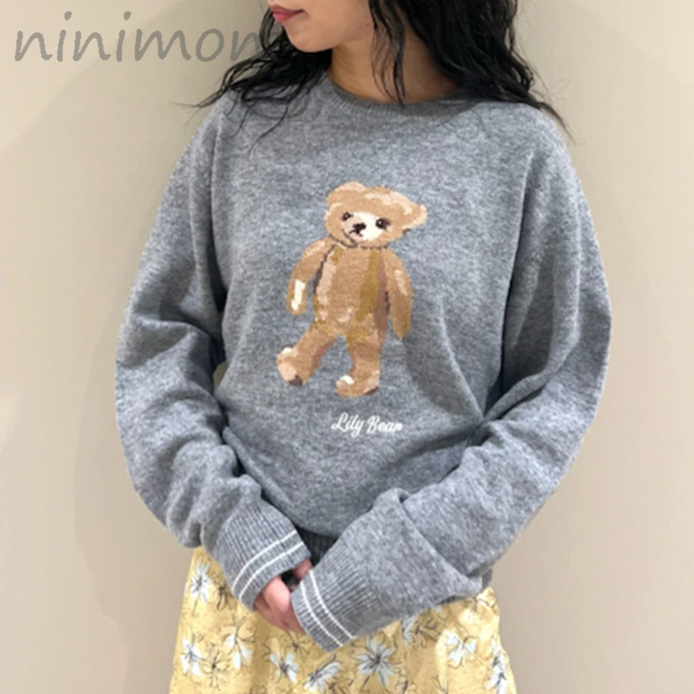 

Вязаные Пуловеры NINIMON в стиле Харадзюку, Повседневный свитер с рисунком медведя, женские вязаные свободные осенне-зимние топы с круглым вырезом, однотонные Фотообои