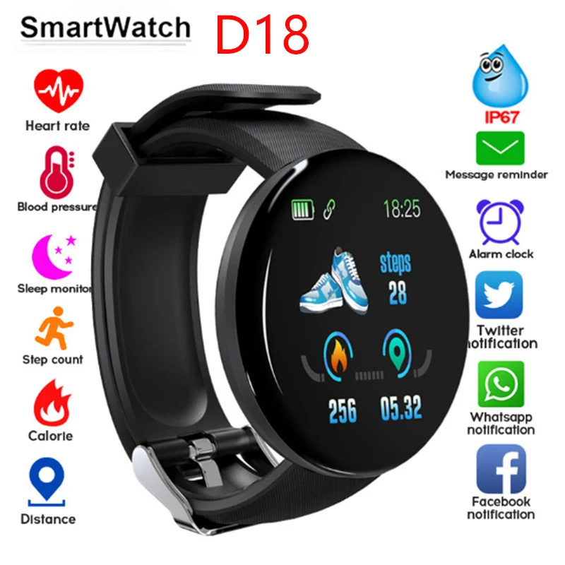 

D18 Smart Bracelet Color round Screen Heart Rate Blood Pressure Sleep Monitoring Pedometer Sports Fitness Smart Watch PK D13 Y68