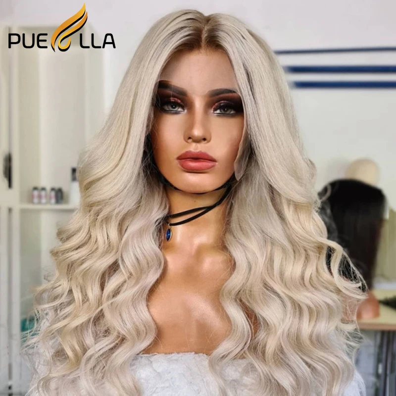 

30 Inch Platinum Blonde 13x4 Lace Frontal Human Hair Wigs Ombre Brown Root Human Hair Wig Transparent HD Brazilian Virgin Hair