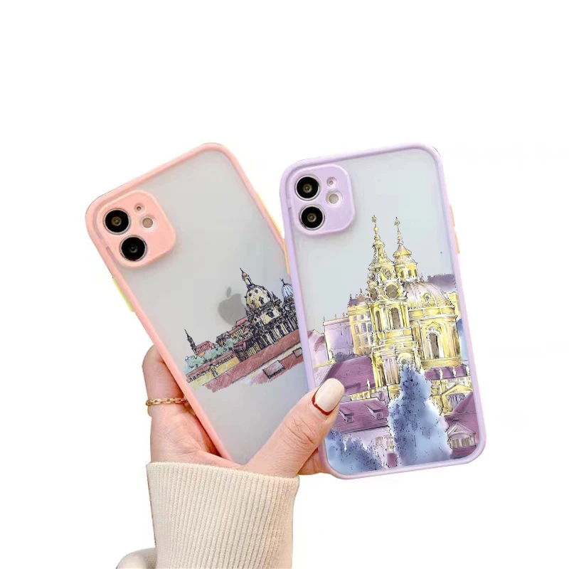 

Hand Painted Castle Build Phone Case for iPhone 12 11 13 14 Pro Max 12 Mini X XR XS Max 8 7 Plus SE 20 Hard PC Camera Case Coque