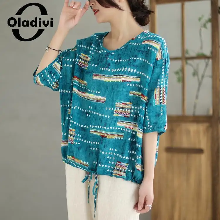 

Oladivi Fashion Print Women Casual Loose Cotton Linen Blouses 2023 Summer New Oversized Shirts Lady Big Top Tunic Blusa 4XL 6033
