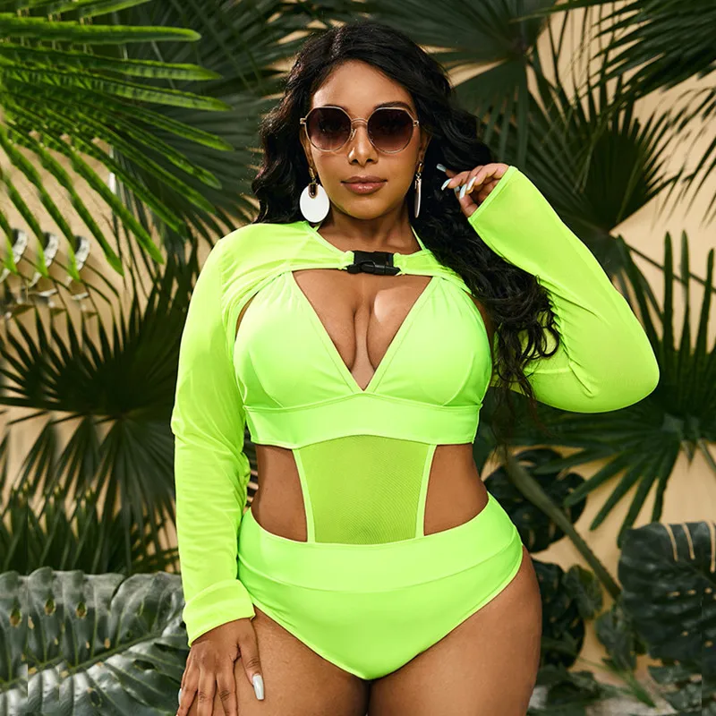 

Sexy Neon Swimsuit Women Swimming Suit One Piece Plus Size Female Separate Mesh Cover Ups Long Sleeve Swimwear 5XL Monokini