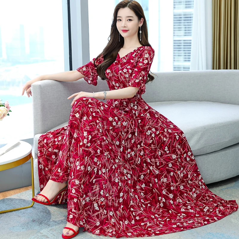 

2022 Summer Chiffon Boho Beach Long Dress Women Fashion Red Print Short Sleeve V-neck Maxi Dress Elegant Bodycon Party Vestidos