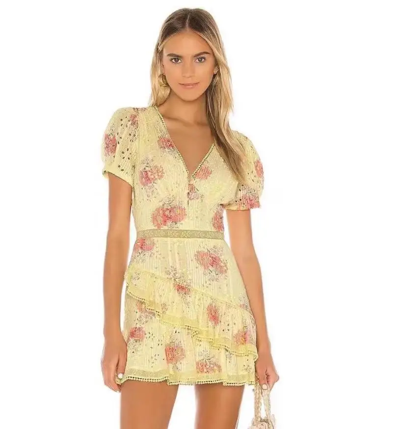 French V-neck Floral Embroidered Waistband Yellow Printed Ruffled Cotton Mini Dress