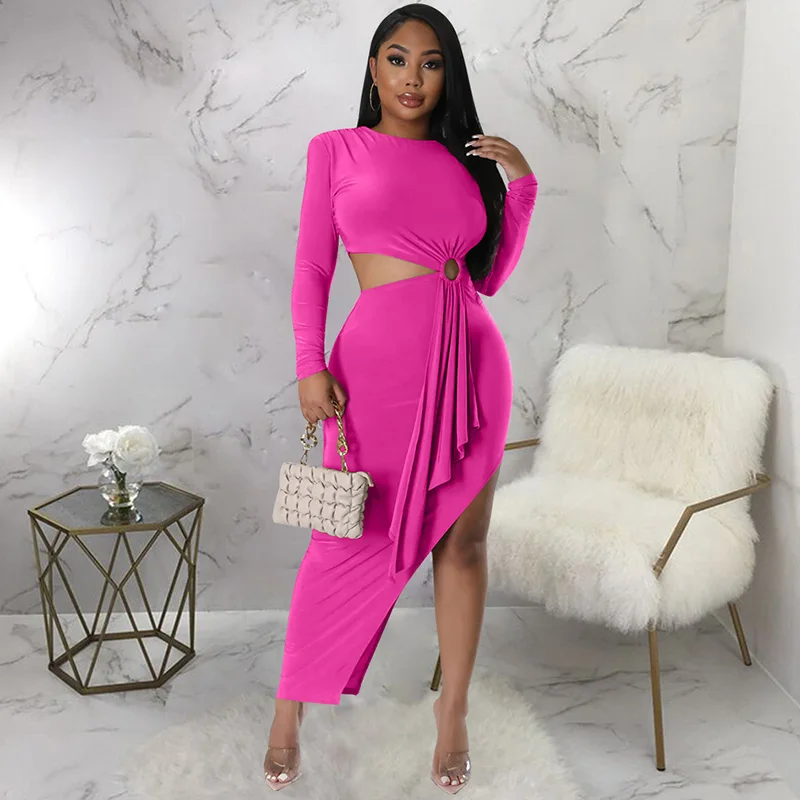 Купи Sexy Hollow Out Metal Ring Bodycon Midi Dress Women Clubwear O-Neck Long Sleeve Irregular Night Party Dresses Vestidos De Fiesta за 1,088 рублей в магазине AliExpress