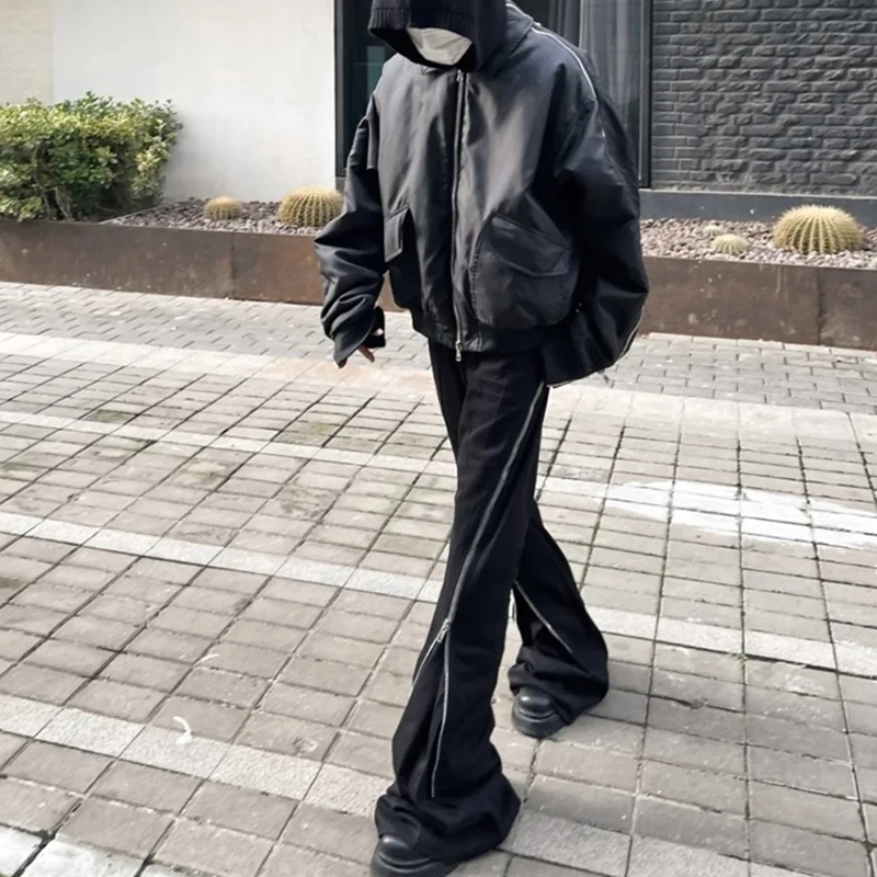

Baggy Straight Sashes Cargo Unisex Vibe Trousers For Style Casual Men Street Harajuku Zipper High Decorate Black Pants Oversized