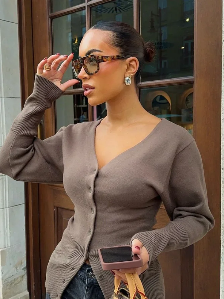 Элегантный однобортный женский облегающий однотонный кардиган модный вязаный