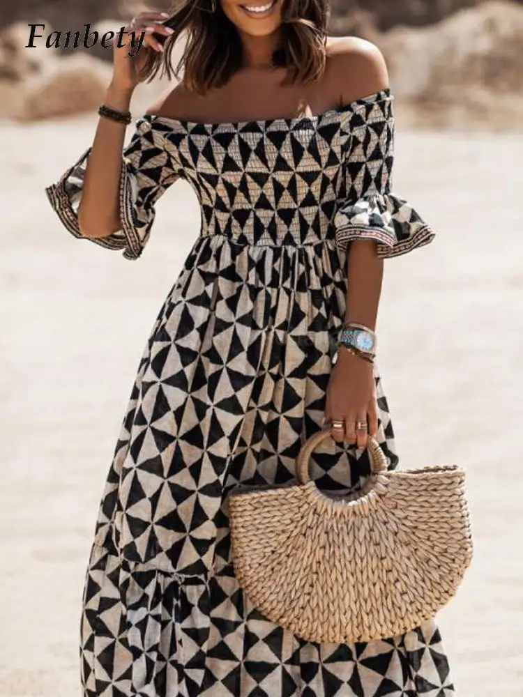 

Lady Casual Pleated Wrap Maxi Dress Elegant Triangle Print Flare Short Sleeves Dress Summer One Shoulder Off Shoulder Long Dress