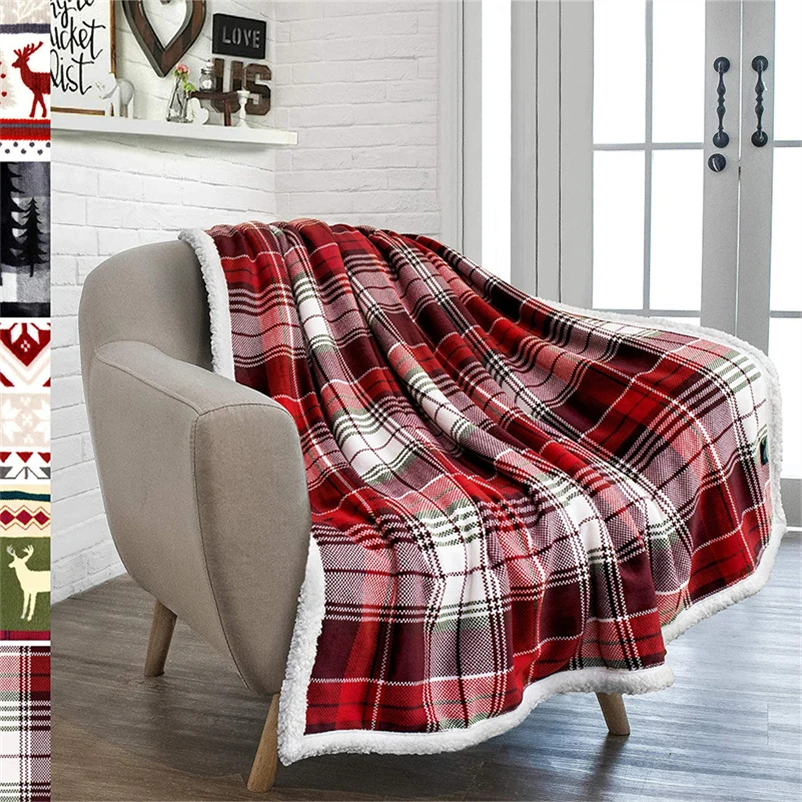 Winter Soft Fleece Throw Blanket for Sofa Chair Nap Plush Sherpa Snowflake Bedspread Red Plaid Christmas Warm Flannel Blanket