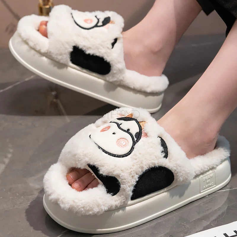 Women slippers Home Lovely Cartoon Cow Platform Soft Slippers for Women Winter Furry Female Indoor Slides Breathable House Shoes