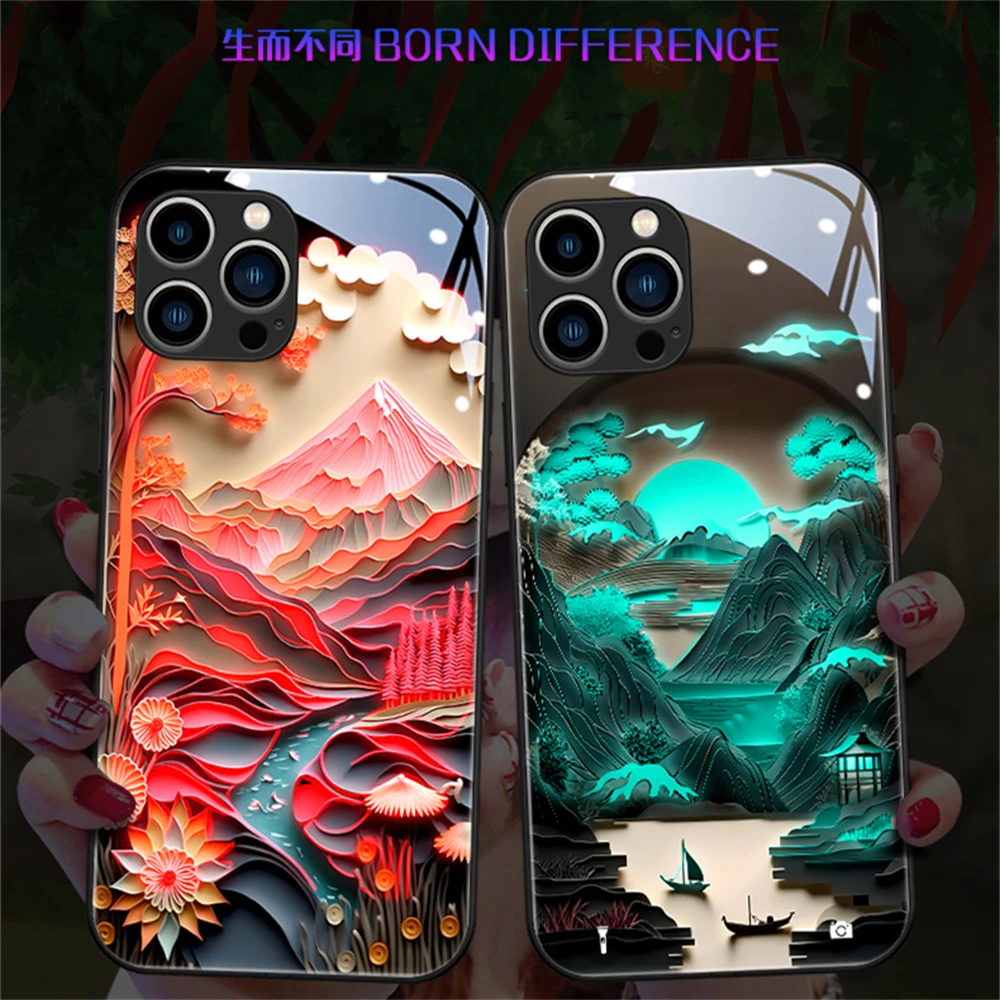 

Pretty Mount Fuji Luminous Glass LED Phone Case For Huawei Mate 50 40 30 Pro P60 P50 P40 Nova 10 9 8 Call Light Flash Up Cover