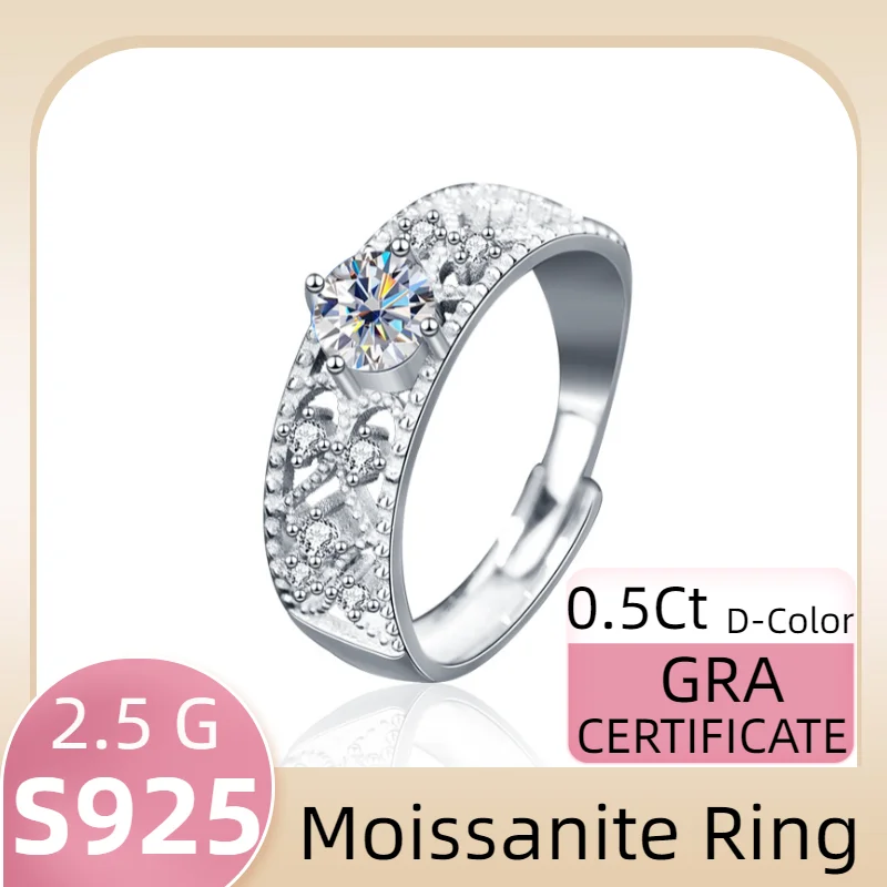 

Sterling 925 Silver Luxury Moissanite Diamond Ring Openwork Adjustable Size for Women 0.5 Ct Free Shipping GRA Certification