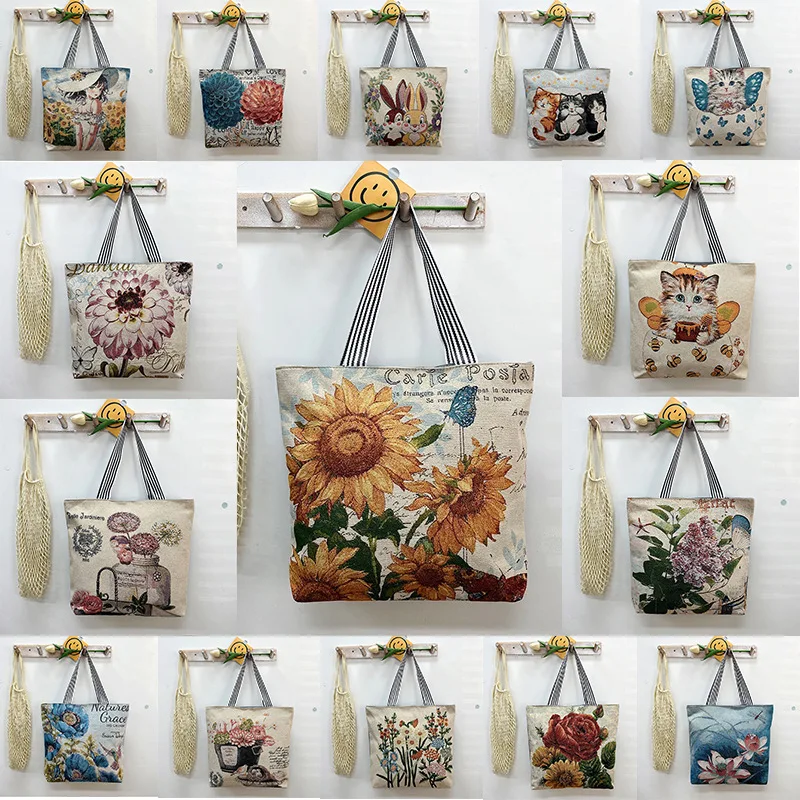 

New Gold Silk Cloth Bag Foreign Trade Fashion Shoulder Bag Women's Bag Cute Shopping Bag Cross-Border Supply Artistic Canvas Bag