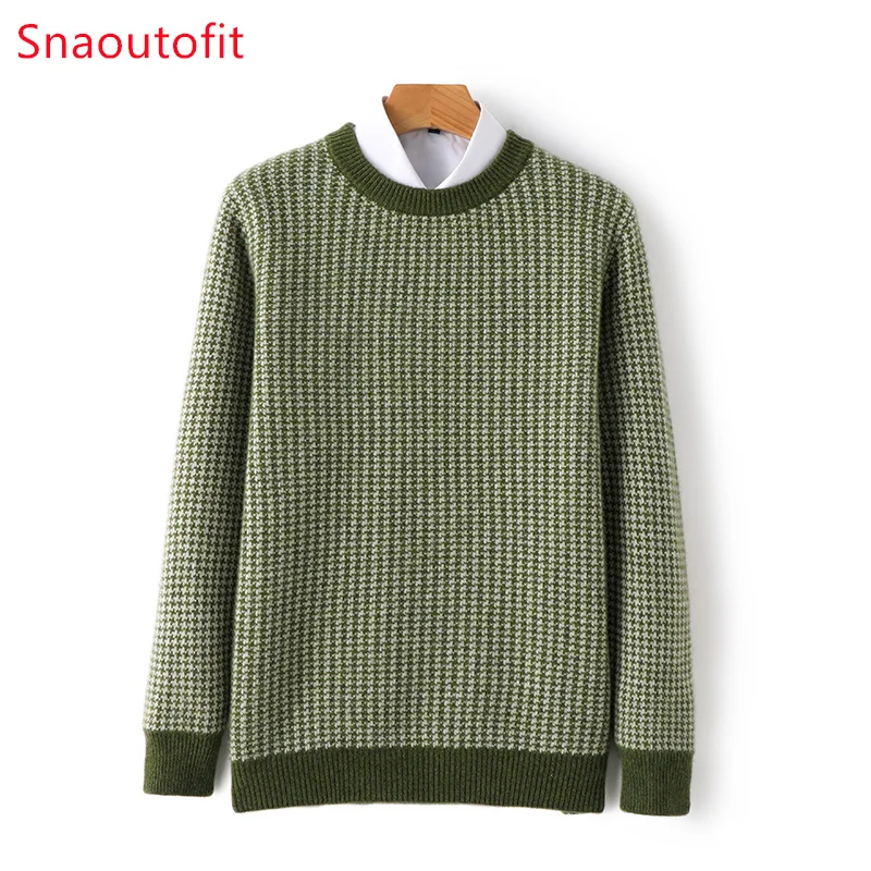 New Men's Top Merino Wool Sweater O-Neck Plaid Pullover 2023 Autumn and Winter High-Grade Knitted Cashmere Sweater Men Pullover