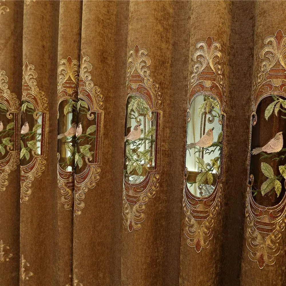 Роскошные вышитые занавески с птицами для гостиной комнаты - китайский классический шелковистый голубой коричневый оконный декор.