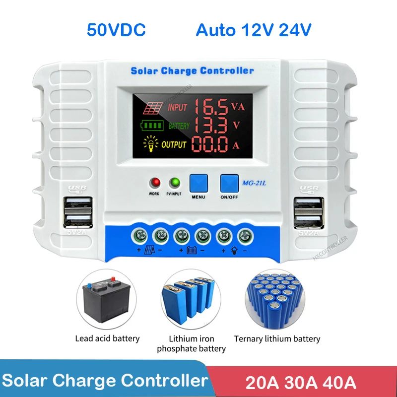 

Solar Charge Controller 10A 20A 30A 40A HD Colorful Screen Display 12V 24V PWM Dual USB Solar Charge And Discharge Controller
