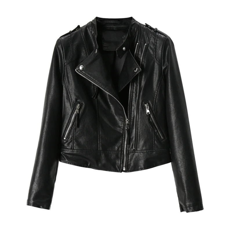 New stand-up collar short leather coat 2023 spring and autumn fashion casual women's motorcycle suit leather jacket jacket