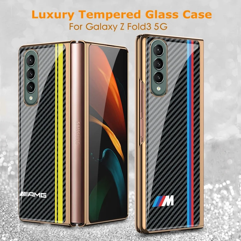 

Роскошный чехол из закаленного стекла для Samsung Galaxy Z Fold3, металлическая рамка с Карбоновым покрытием, текстурный чехол для Galaxy Z Fold 3 2