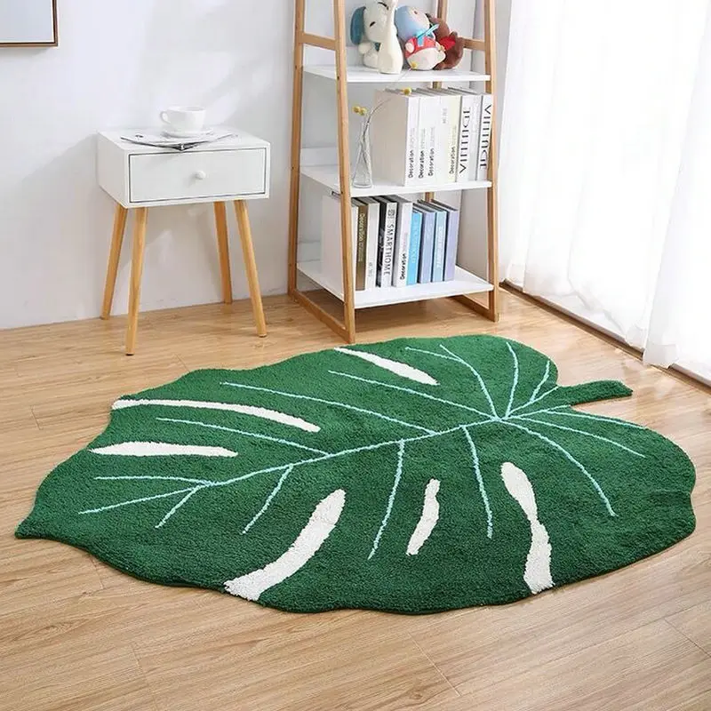 

Green Leaf Shape Bathroom Mat Imitation Cashmere Carpet Non-slip Floor Mat Living Room Tea Table Mat Bedroom Bedside Long Rugs