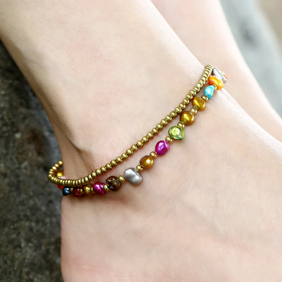 

Trendy Semi-precious Stones Anklet For Women Pearl Beaded Foot Chains Ethnic Style Turquoise Bells Beach Catwalk Feet Jewelry