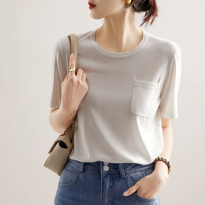 

2023 summer new knitting short sleeved t-shirt women BLACK