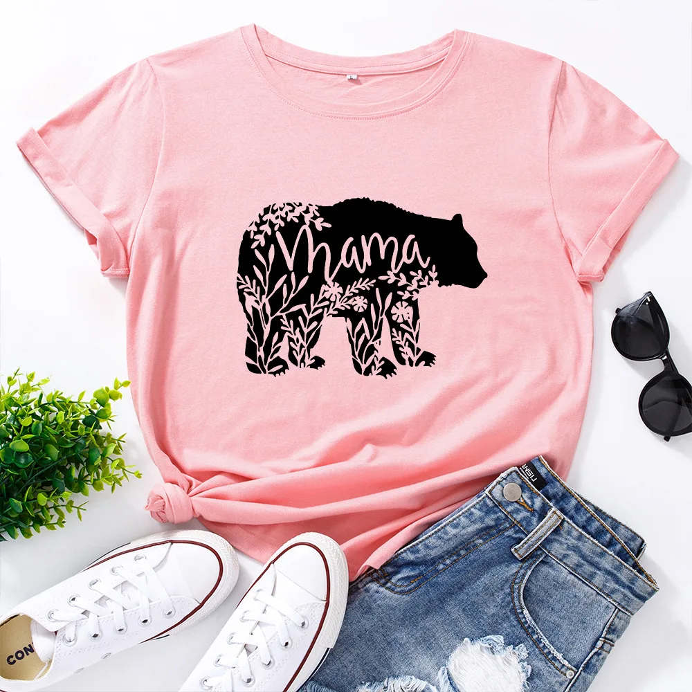 

Cartoon Funny Bear Mama Graphic Short Sleeve Basic Tees Shirts Female Clothes Women O Neck 100%Cotton Tops Casual Tshirt