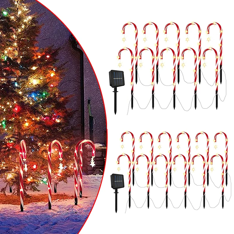 

10/12pcs Christmas Candy Cane Lights Solar Power Light String Waterproof Outdoor Garden Ground Plug Crutch New Year Christmas