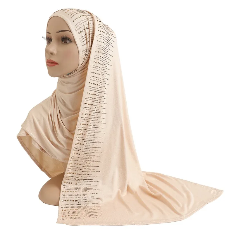 

Cotton Jersey Muslim Long Scarf with Rhinestones Modal Headscarf Islamic Hijab Wear Arabic Rectangular Headwrap Shawl Woman