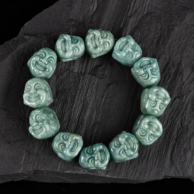 

Send Certificate Natural Jadeite Myanmar Grade A Jade Hand-carved Buddha Head Beads Elastic Bracelet Men Women Lucky Amulet Gift