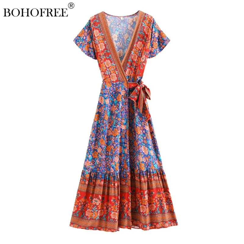 

Vintage Chic Boho Vestidos Ladies Bohemian Wrap Dress Sashes V-neck Short Sleeve Rayon Cotton Long Summer Beach Dress Women