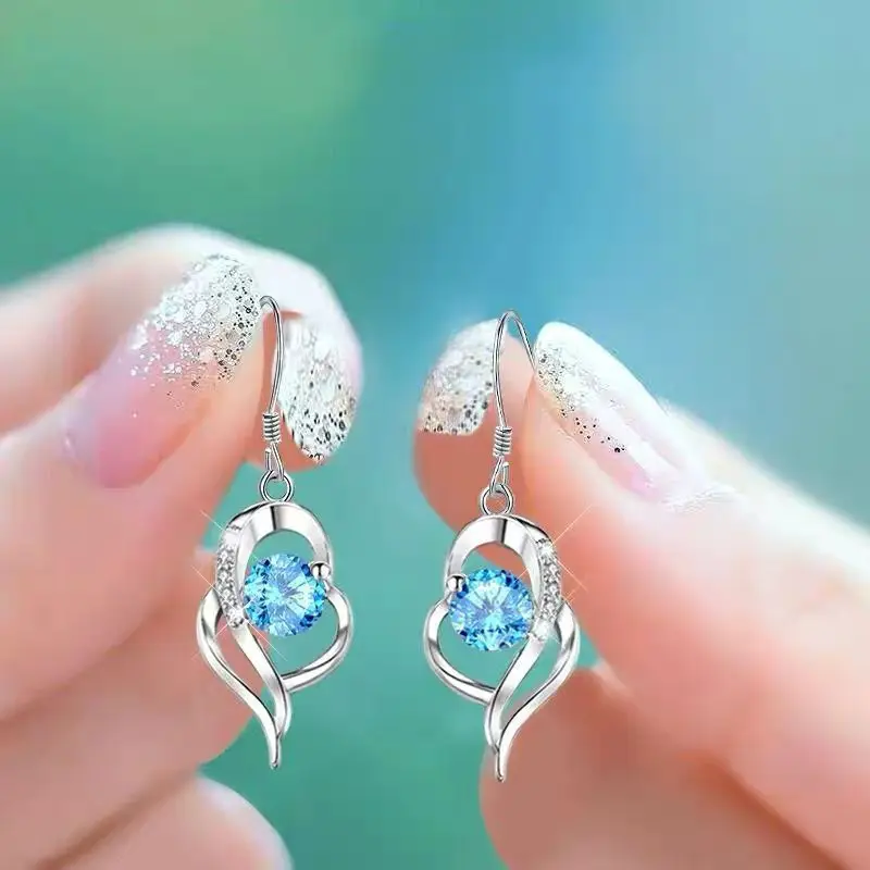 

Blue Zircon Cubic Inlaid Earrings For Women Love Heart Shape Silver Color Dangle Earrings Girl Cute Trendy Party Jewelry Gifts