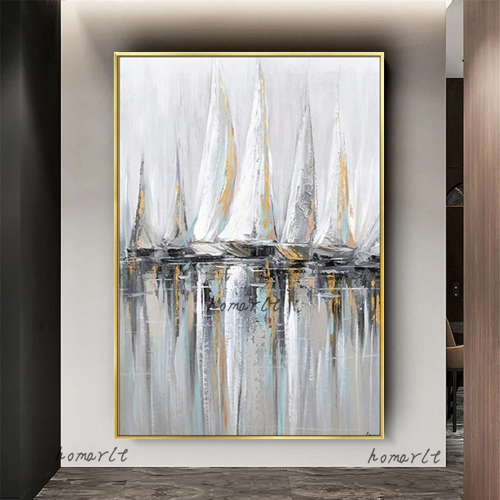

Plain Grey Color Abstract Acrylic Canvas Hand-Painted Oil Painting Sailboat Wall Hangings Picture Modern Art For Living Room