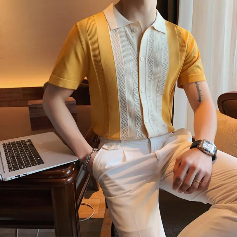 2022 Vintage قميص بولو رجل شريط طباعة المرقعة الحياكة التلبيب عادية البلوز الصيف الرجال كم قصير نحيف قميص بولو S-3XL