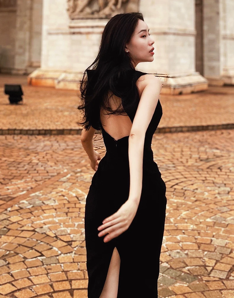 

Women Bow Backless Square Collar Split Sweet Midi Dress