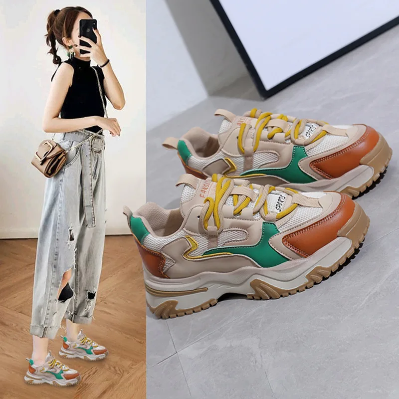 

Женские кроссовки в стиле ретро, универсальные дышащие кроссовки на толстой подошве с цветным блокировкой, в Корейском стиле, повседневная обувь на осень 2022